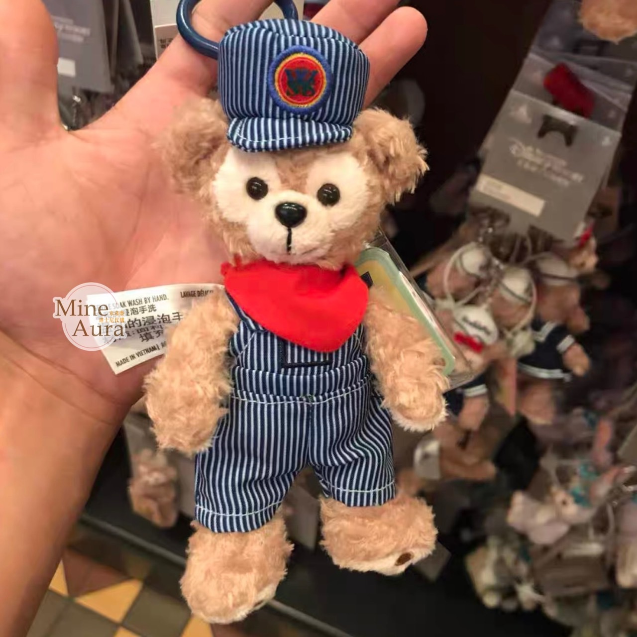 達菲 Duffy 車長造型 直條紋吊帶褲 絨毛 鑰匙圈 吊飾 -上海迪士尼樂園