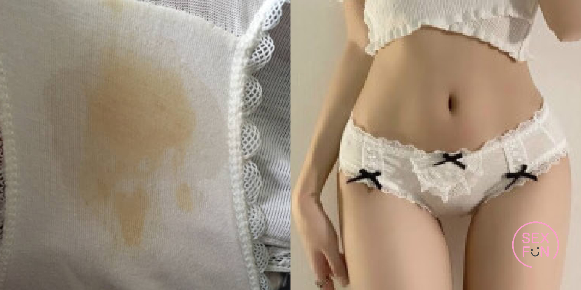 女生穿著白色純淨的內褲，左邊有一個特寫是女生內褲髒髒的