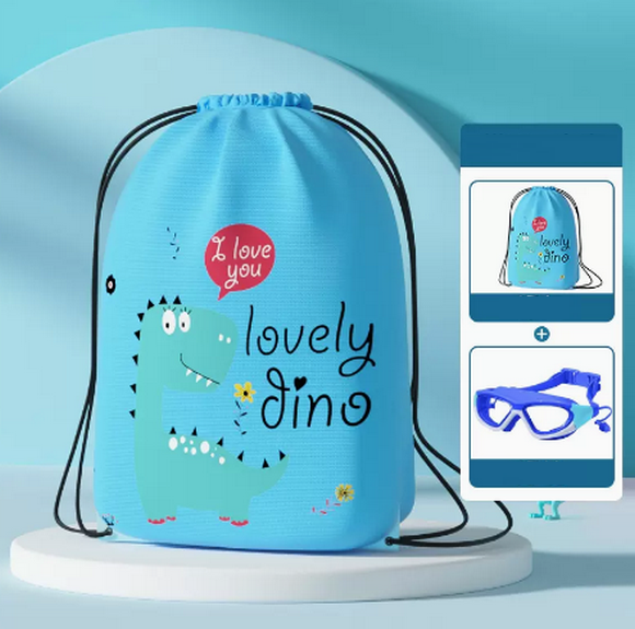 Hot recommendation: Cute men's and women's waterproof drawstring children's swimming bag (blue dinosaur + waterproof swimming goggles)