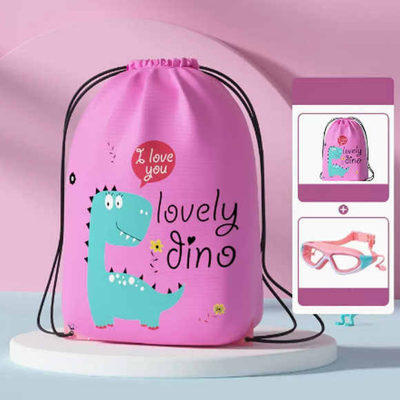 Hot recommendation of cute men's and women's waterproof drawstring children's swimming bag (pink dinosaur + waterproof swimming goggles)