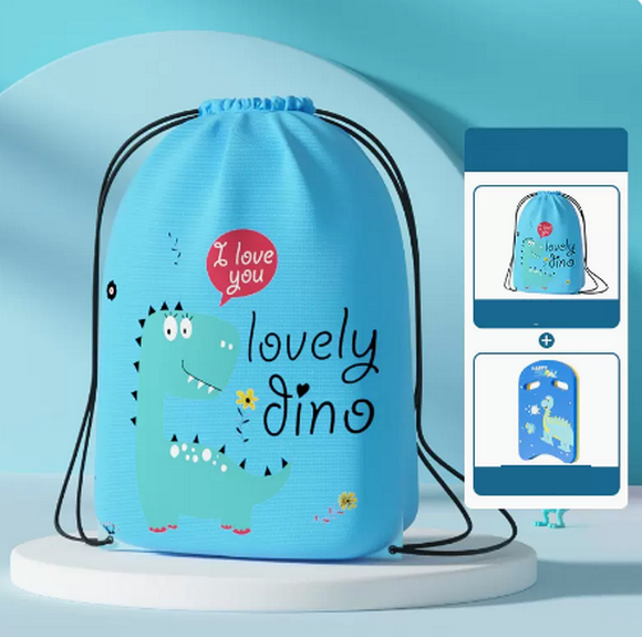 Hot recommendation of cute men's and women's waterproof drawstring children's swimming bag (blue dinosaur + floating board)