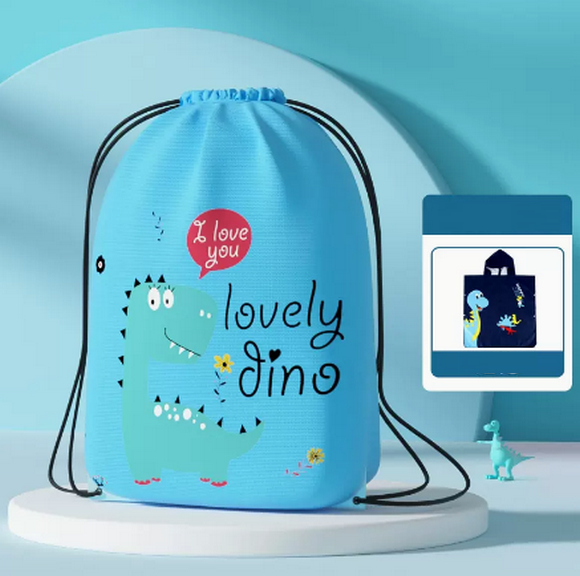 Hot recommendation of cute men's and women's waterproof drawstring children's swimming bag (blue dinosaur + bathrobe)