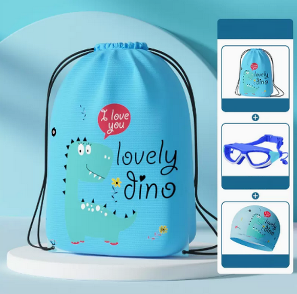 Hot recommended cute men's and women's waterproof drawstring children's swimming bag (little blue dinosaur [swimming three-piece set])