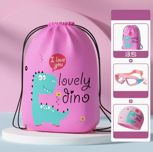 Hot recommendation of cute men's and women's waterproof drawstring children's swimming bag (pink dinosaur [swimming three-piece set])