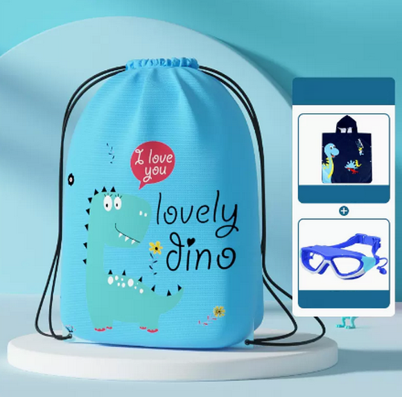 Hot recommendation of cute men's and women's waterproof drawstring children's swimming bag (blue dinosaur + swimming goggles + bathrobe)