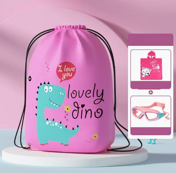 Hot recommendation of cute men's and women's waterproof drawstring children's swimming bag (pink dinosaur + swimming goggles + bathrobe)