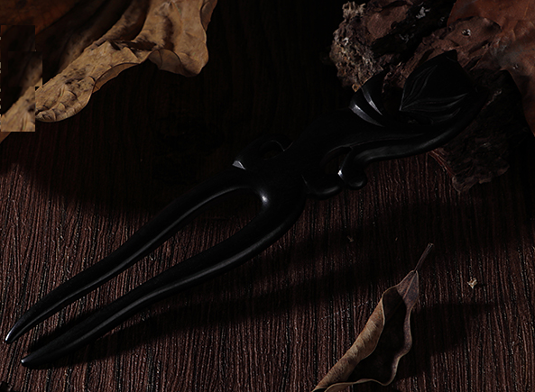 Popular classical sandalwood U-shaped double hairpin bun (Fox Fairy Double Hairpin-Ebony) (size: 14.9*2.9cm)