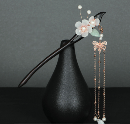 新款黑檀木古風流蘇步搖簪子（白靈）（尺寸：簪長17.5cm，流蘇長17cm）