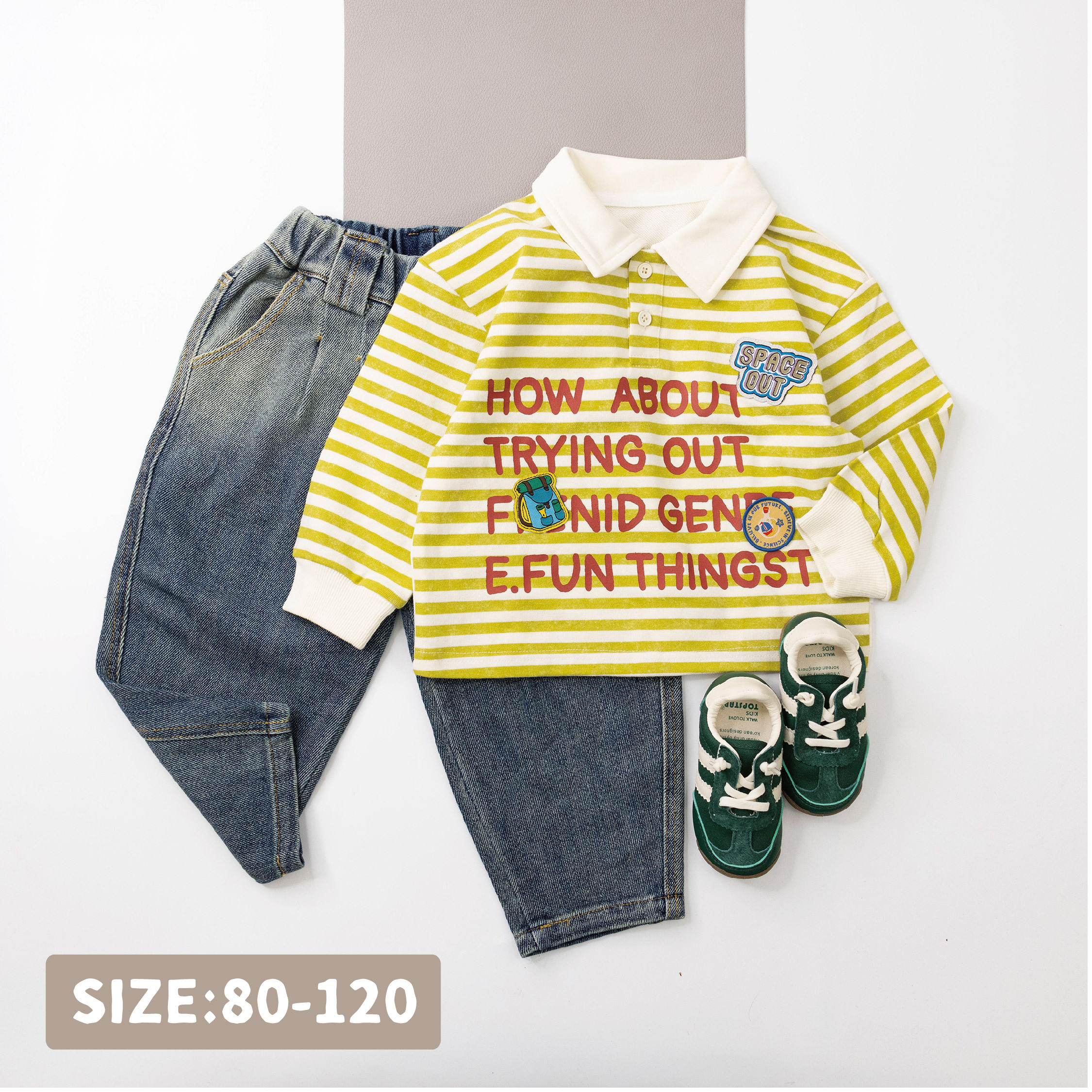 【H35784】探險徽章布條紋拼接標翻領上衣