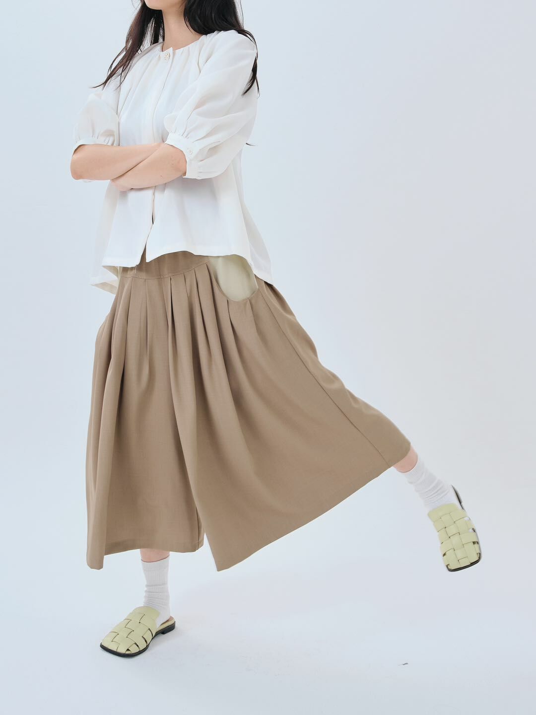 預購 - KR 裙袋拼色褶褶闊褲Pants