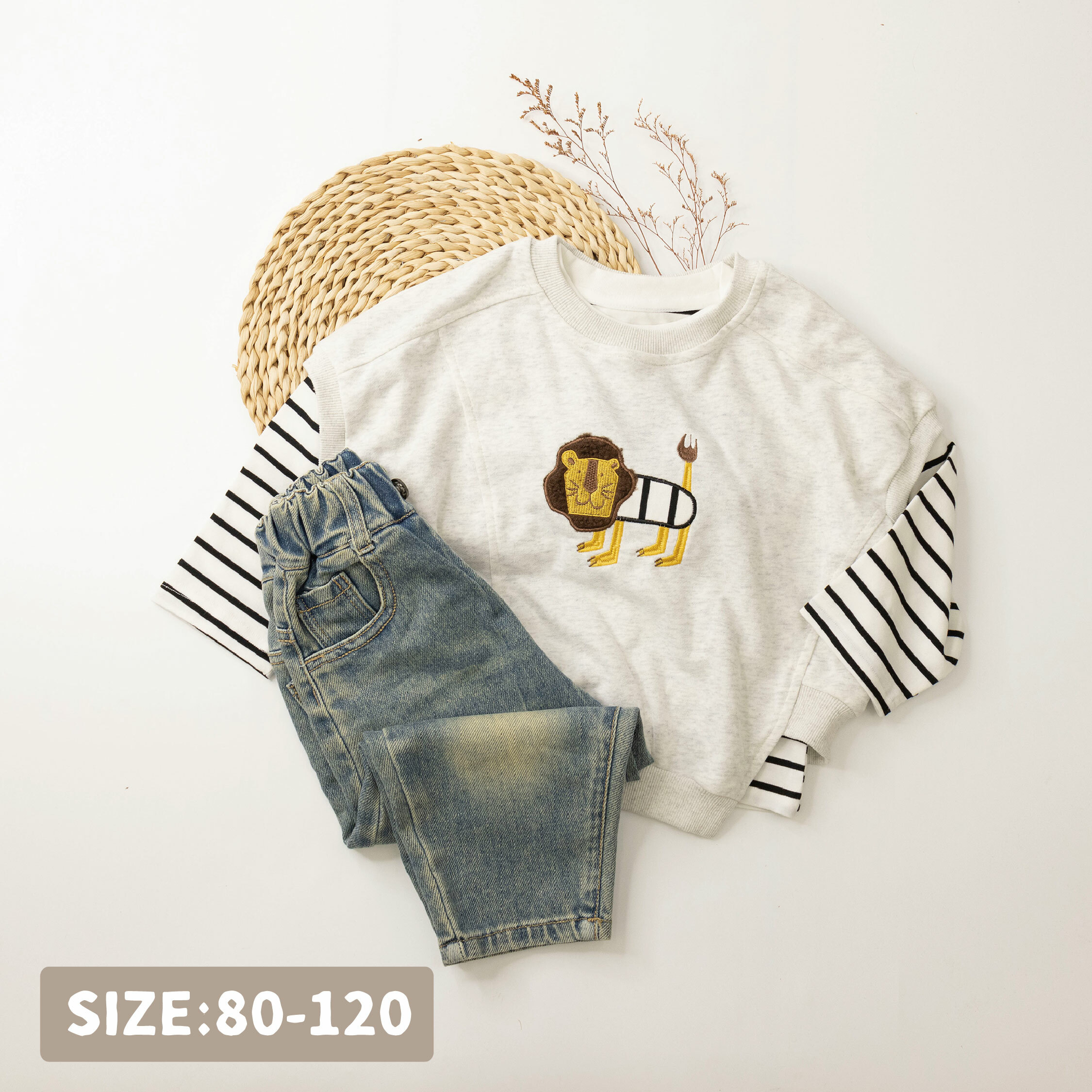 【H35780】可愛毛毛刺繡小獅子兩件式上衣