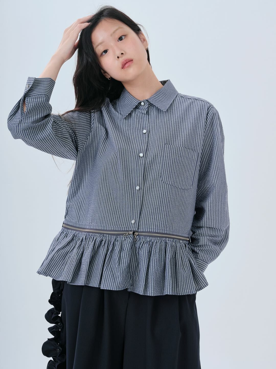 預購 - KR 2Way可拆ruffle條子Shirt Top