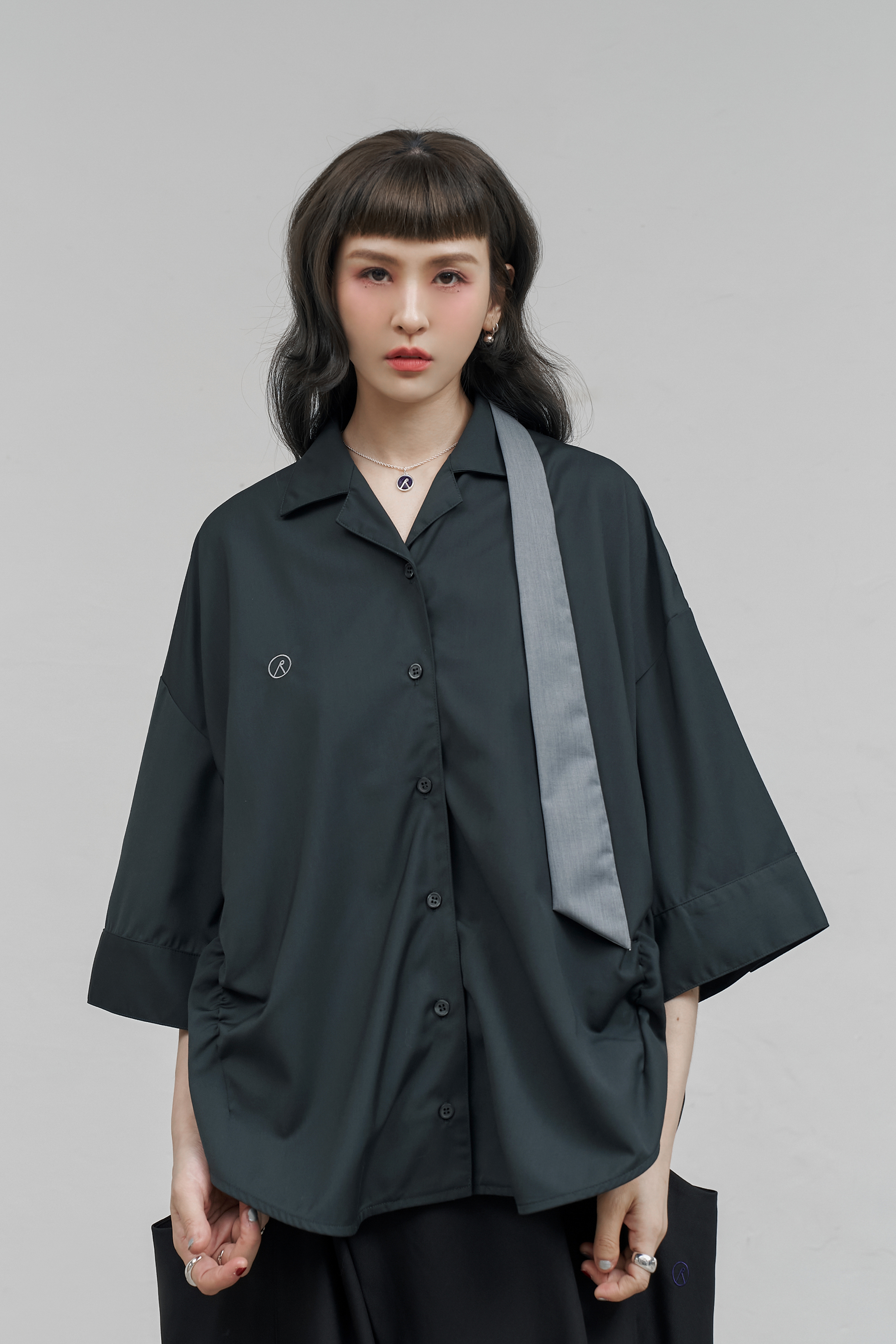 Smart Casual Ruched Shirt｜Dark Green