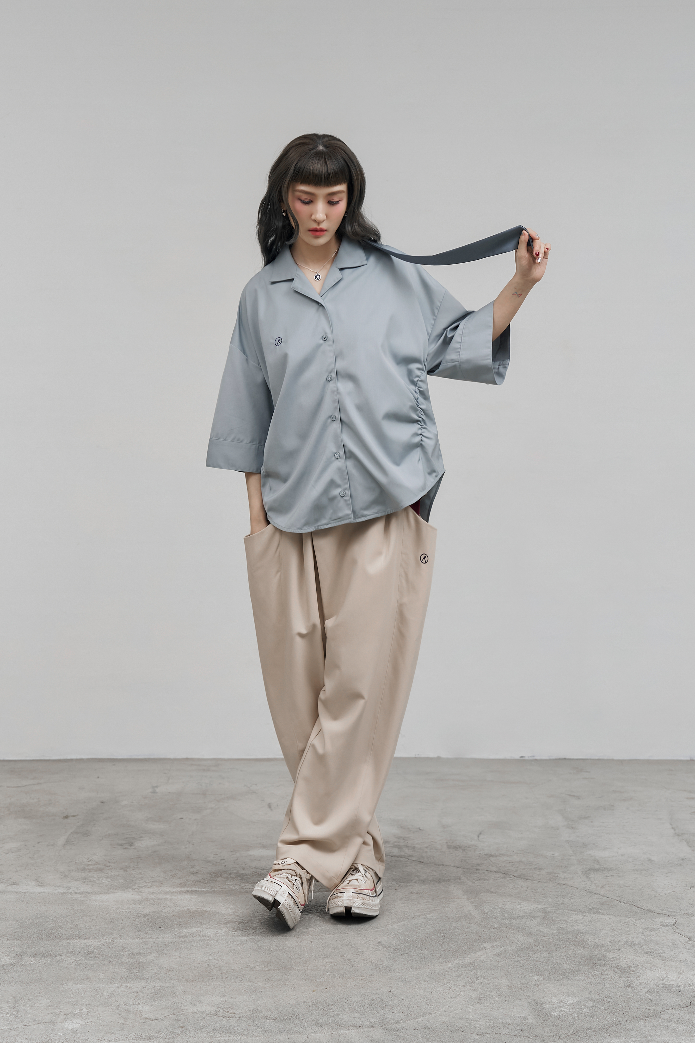 Smart Casual Ruched Shirt｜Light Gray