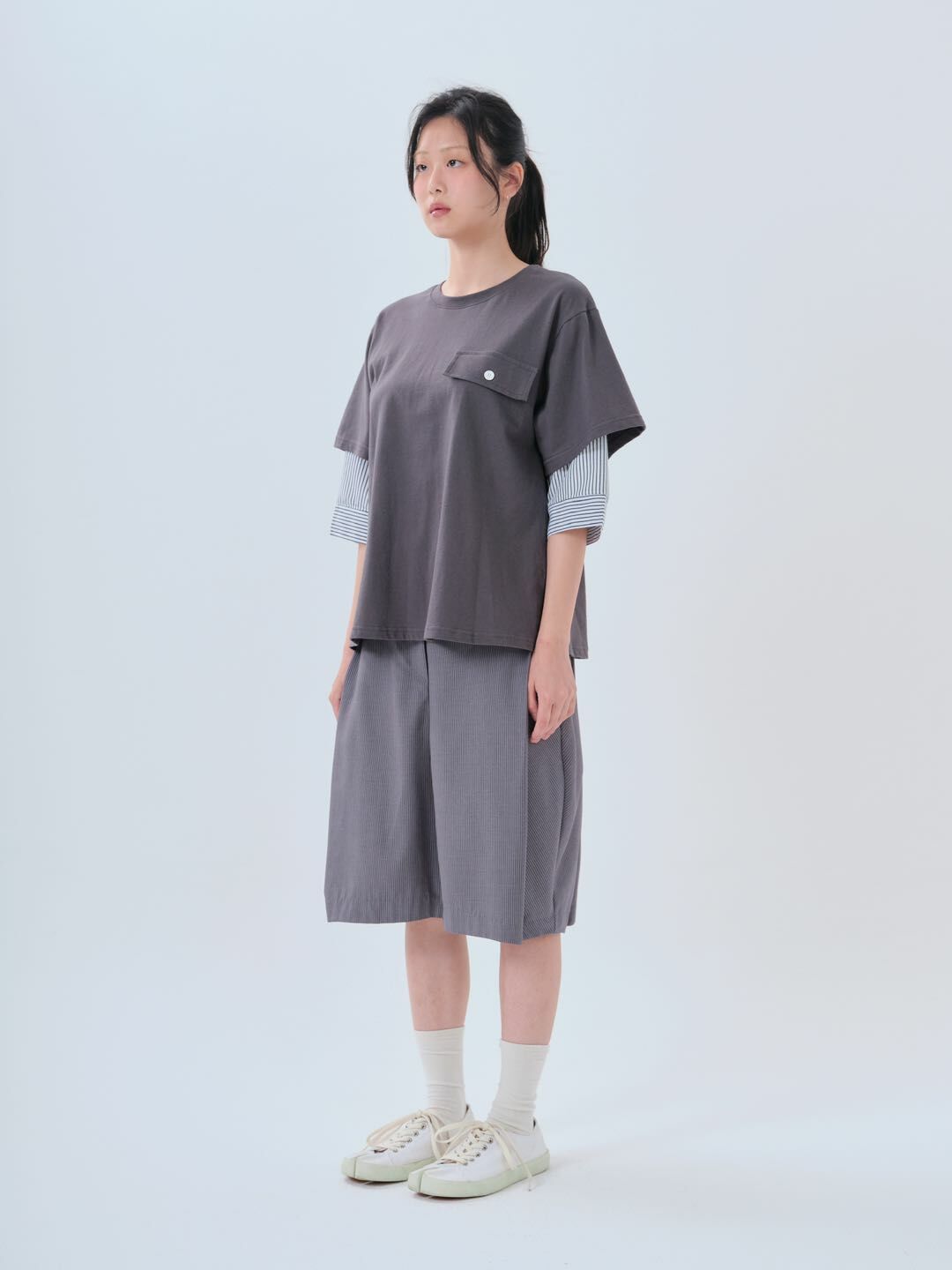 預購 - KR條子側褶褶短褲Pants