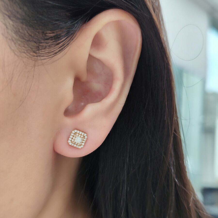 18K金公主方形鑽石耳環 (白金/紅金)