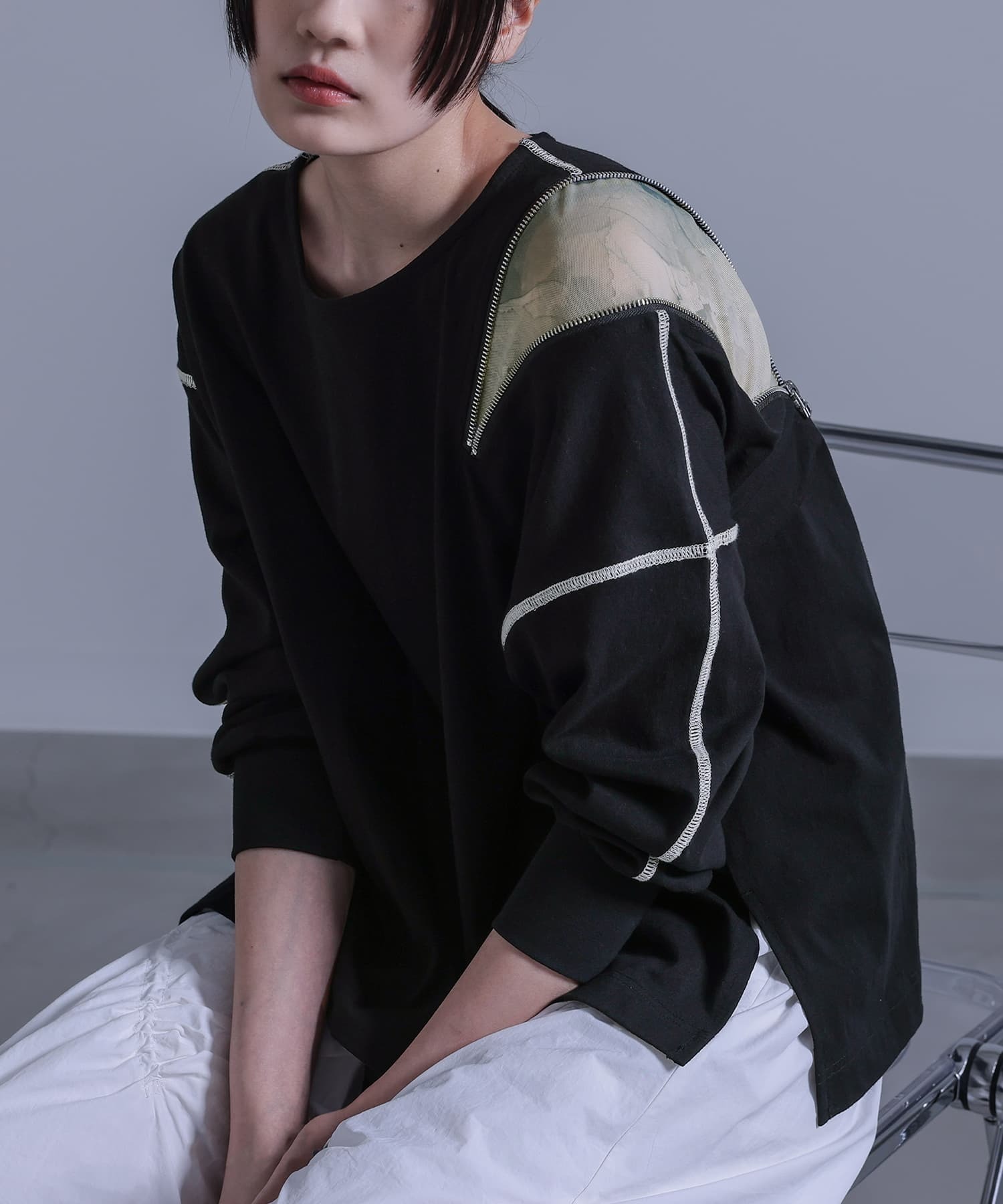 預購 - JP 拉鍊拼圖案布Top