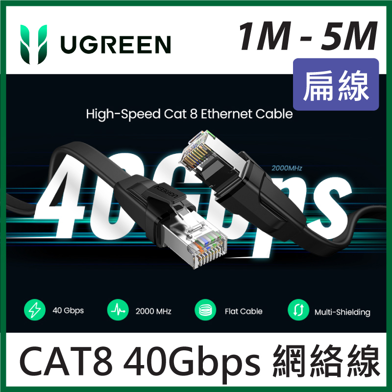 UGREEN - Cat8 U/FTP 40Gbps 萬兆網線 支援高達 2000MHz 的頻寬和 40Gbps 數據傳輸速度 (1M / 2M / 3M / 5M)
