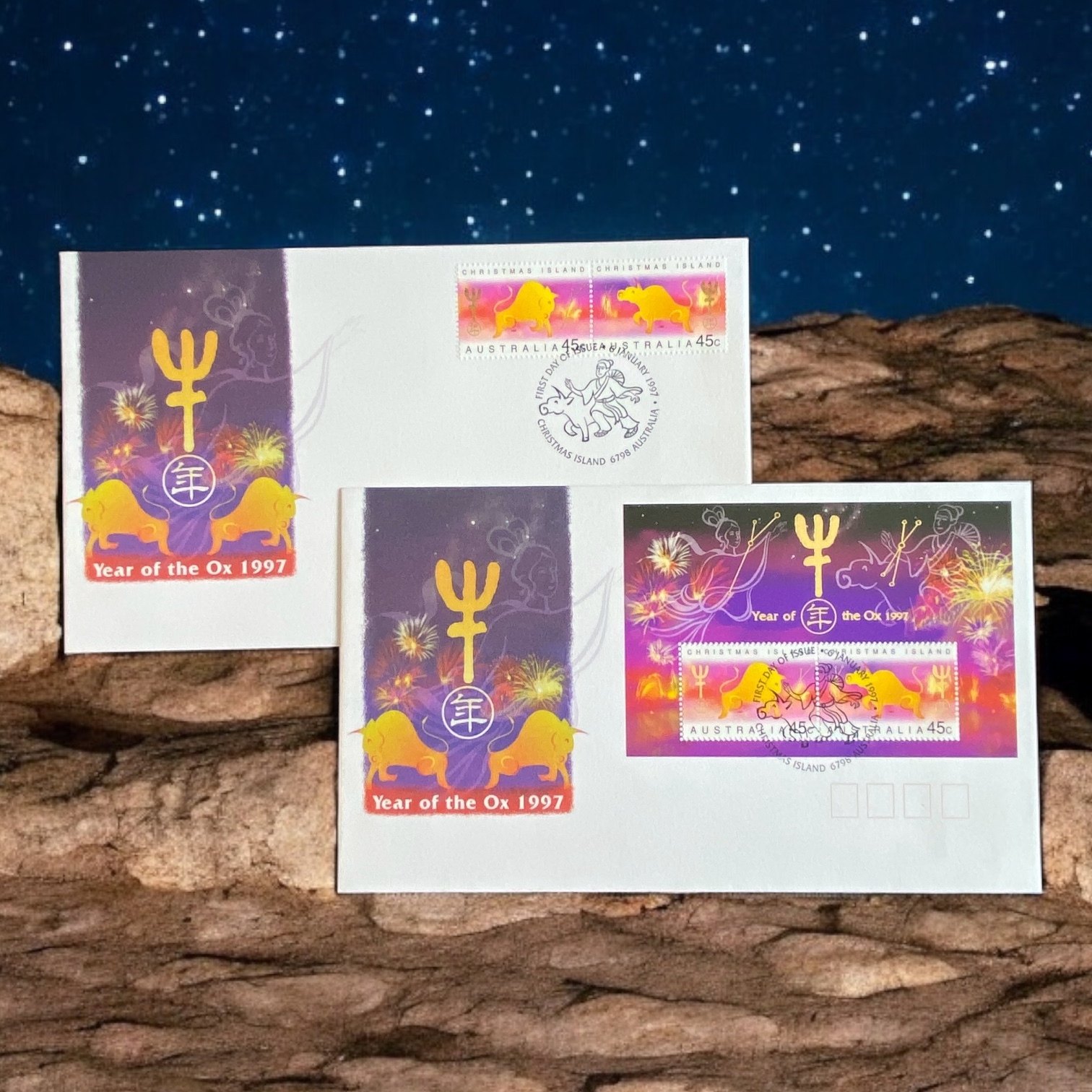 澳洲1997年牛年生肖郵票及小全張首日封共兩個