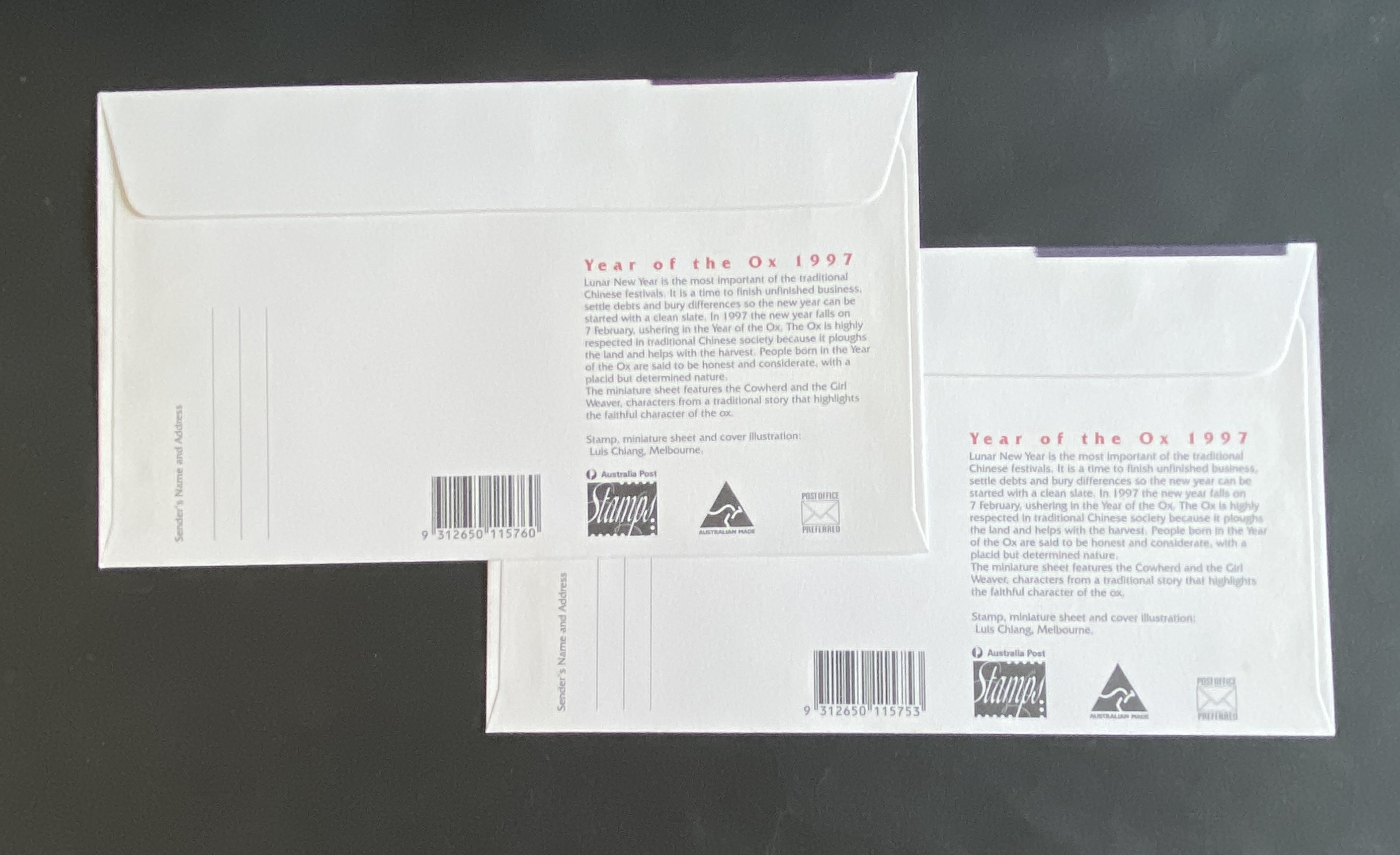 澳洲1997年牛年生肖郵票及小全張首日封共兩個