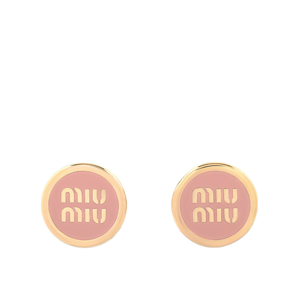 【MIU MIU】Logo 標誌琺瑯及金屬針式耳環(蘭花粉) 5JO912 2F6T F0615
