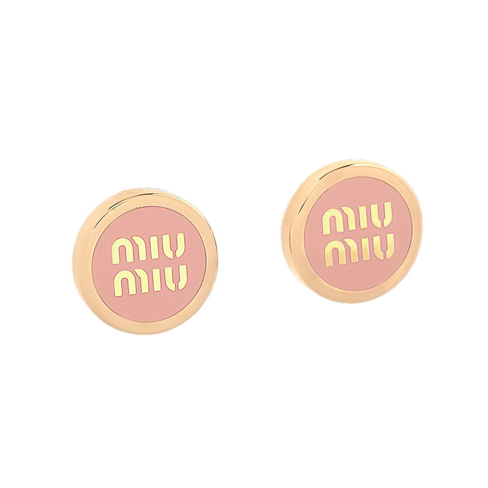 【MIU MIU】Logo 標誌琺瑯及金屬針式耳環(蘭花粉) 5JO912 2F6T F0615