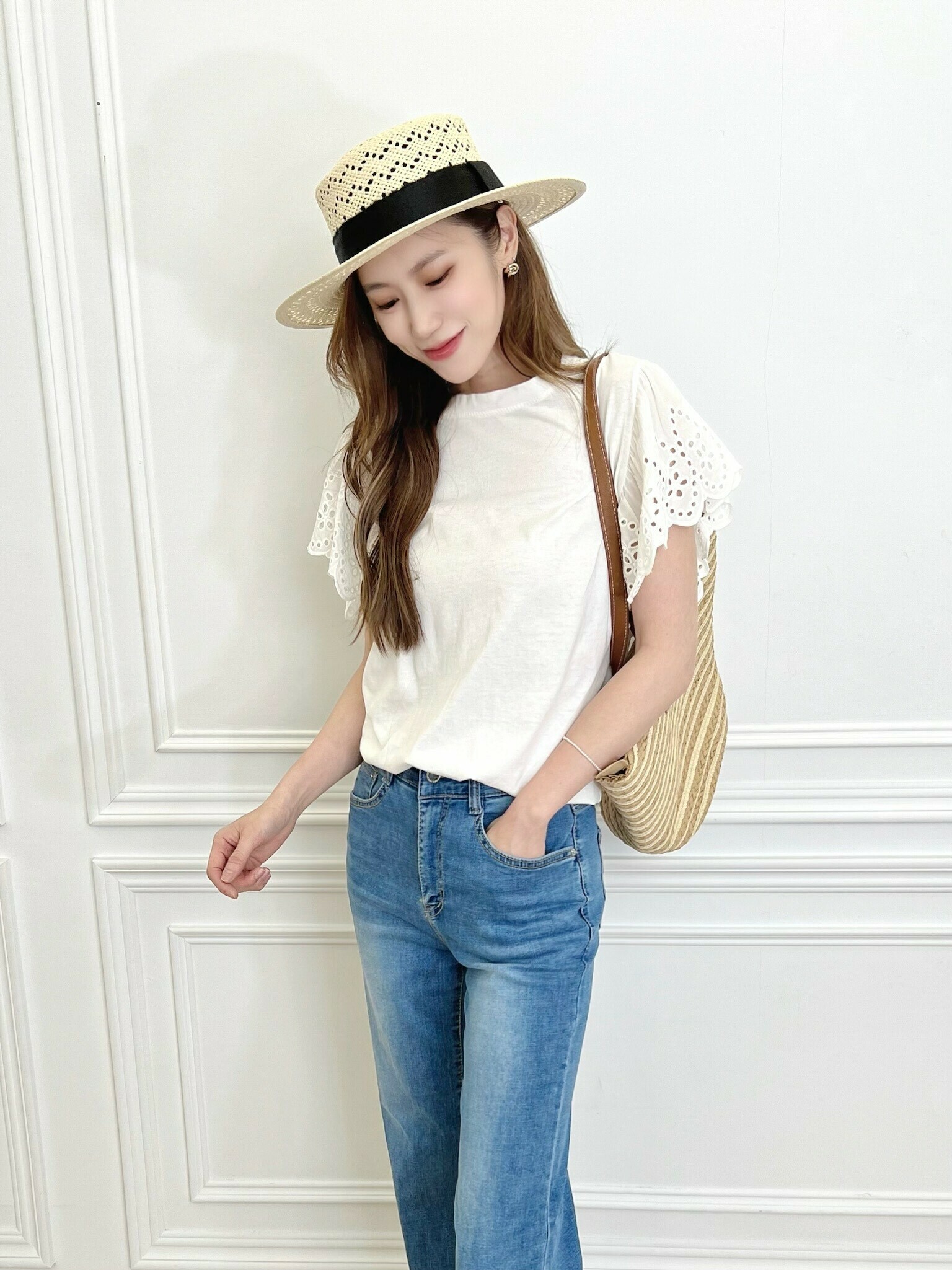 袖簍空造型棉料上衣