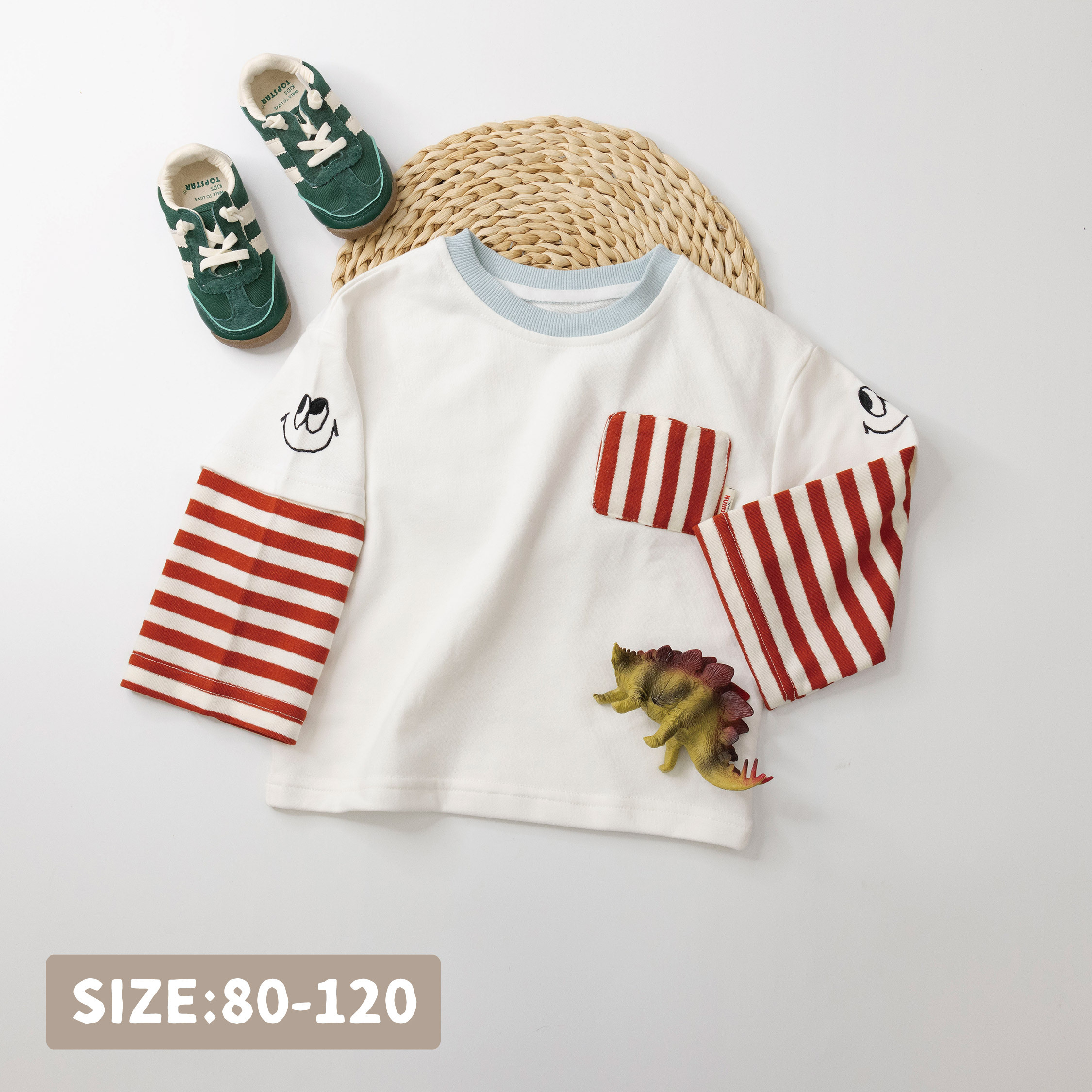 【H35783】逗趣笑臉條紋拼接假兩件上衣