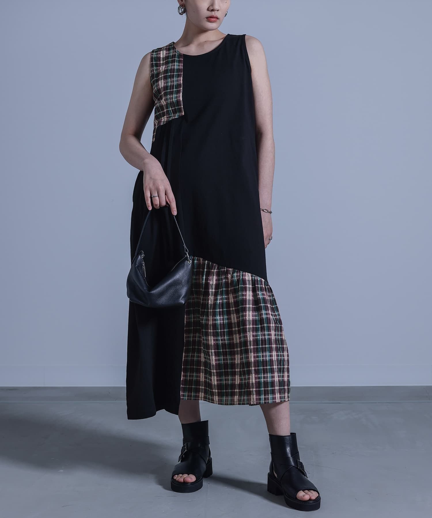 預購 - JP 網網Top + 拼格子圖案One Piece SET