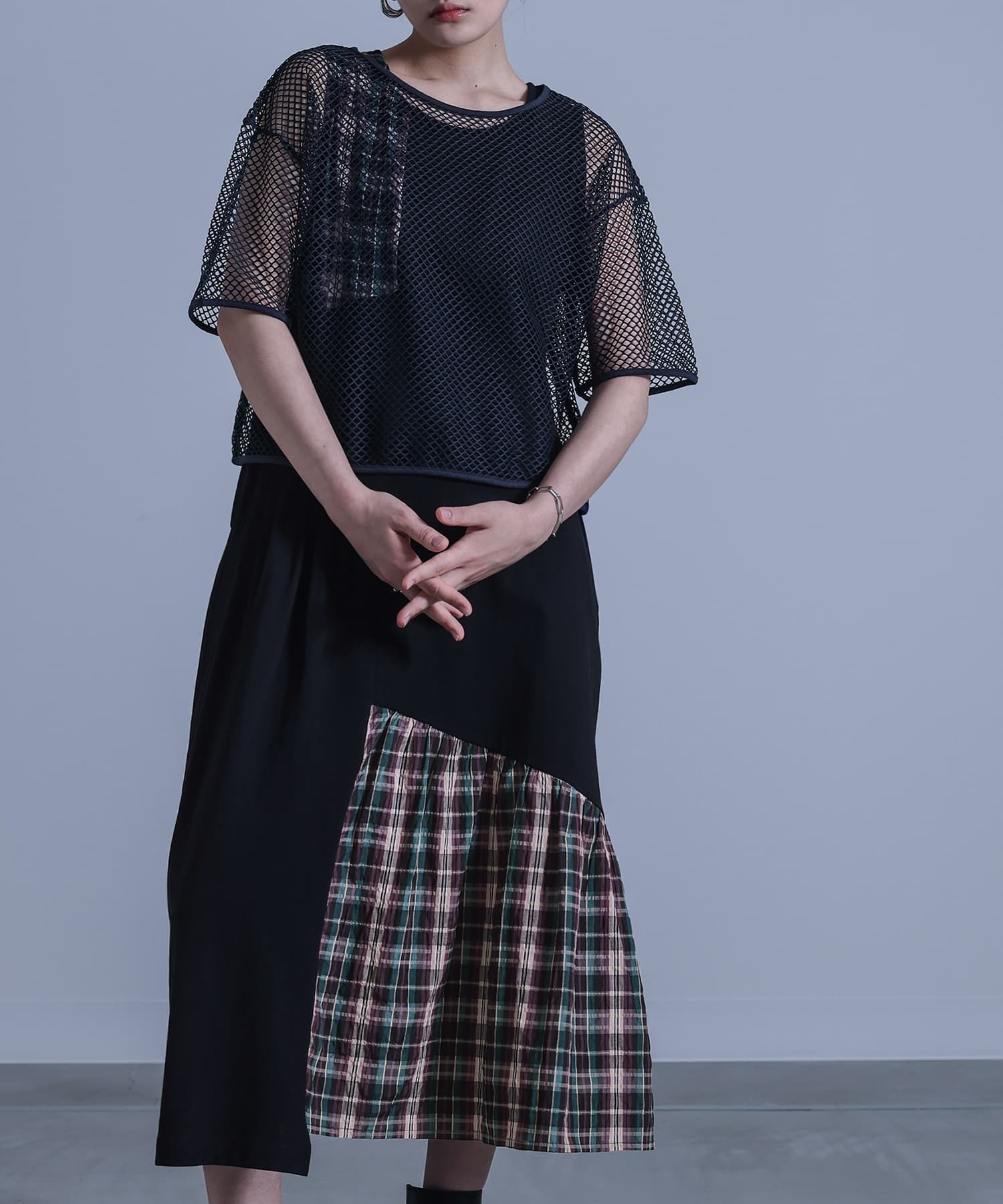 預購 - JP 網網Top + 拼格子圖案One Piece SET