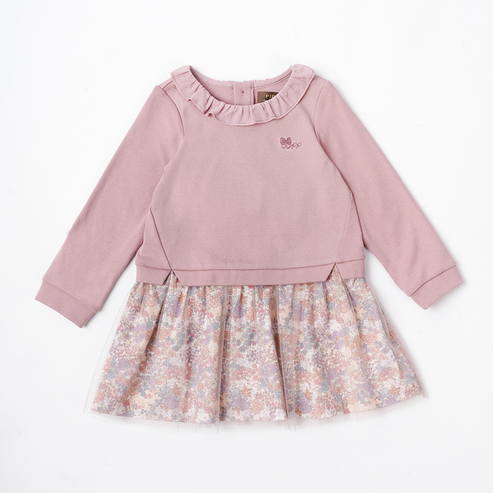 PIPPY 優雅波浪荷葉領彈性棉假兩件連身裙洋裝 粉紫