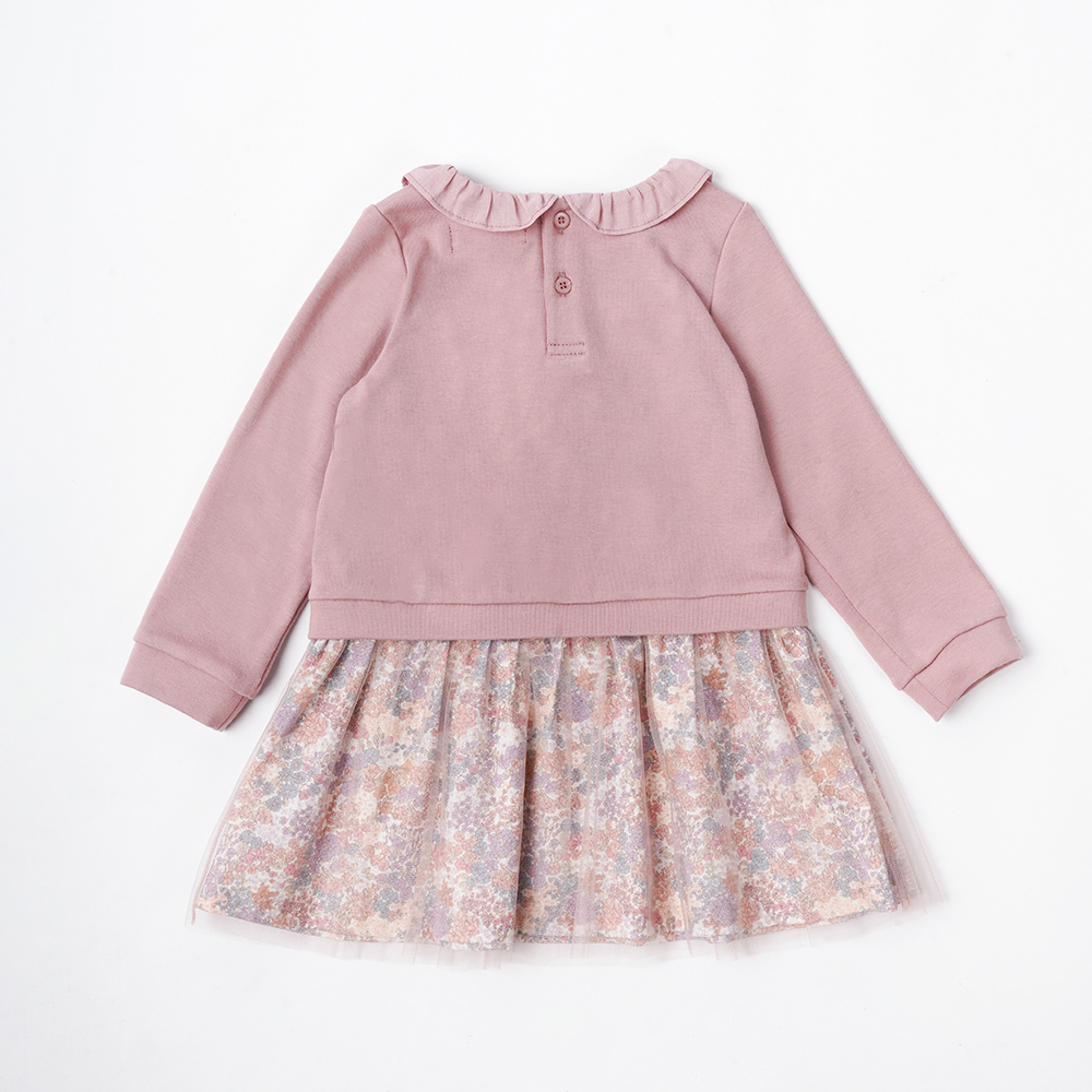 PIPPY 優雅波浪荷葉領彈性棉假兩件連身裙洋裝 粉紫