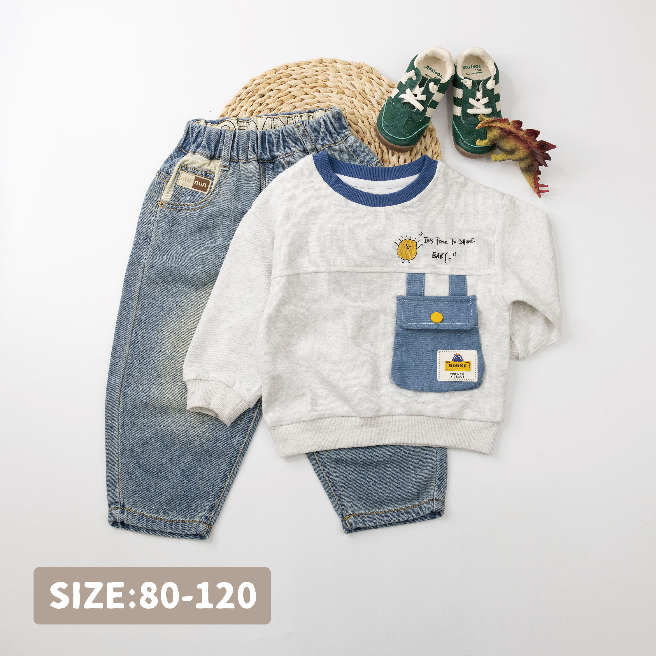 【H35788】恐龍小皮標背包造型口袋上衣