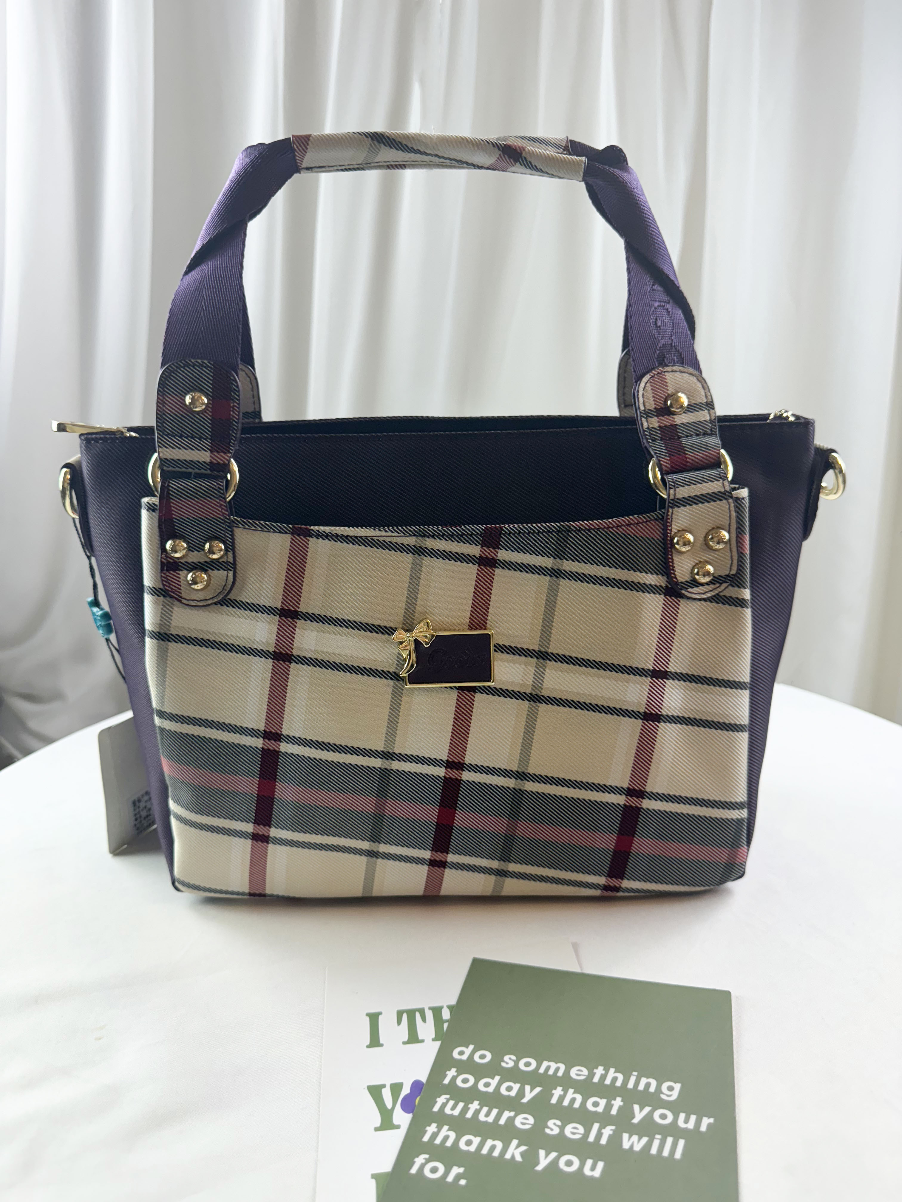 GOODS 紫格紋拼色防潑水手提包 / 側背包 #2005