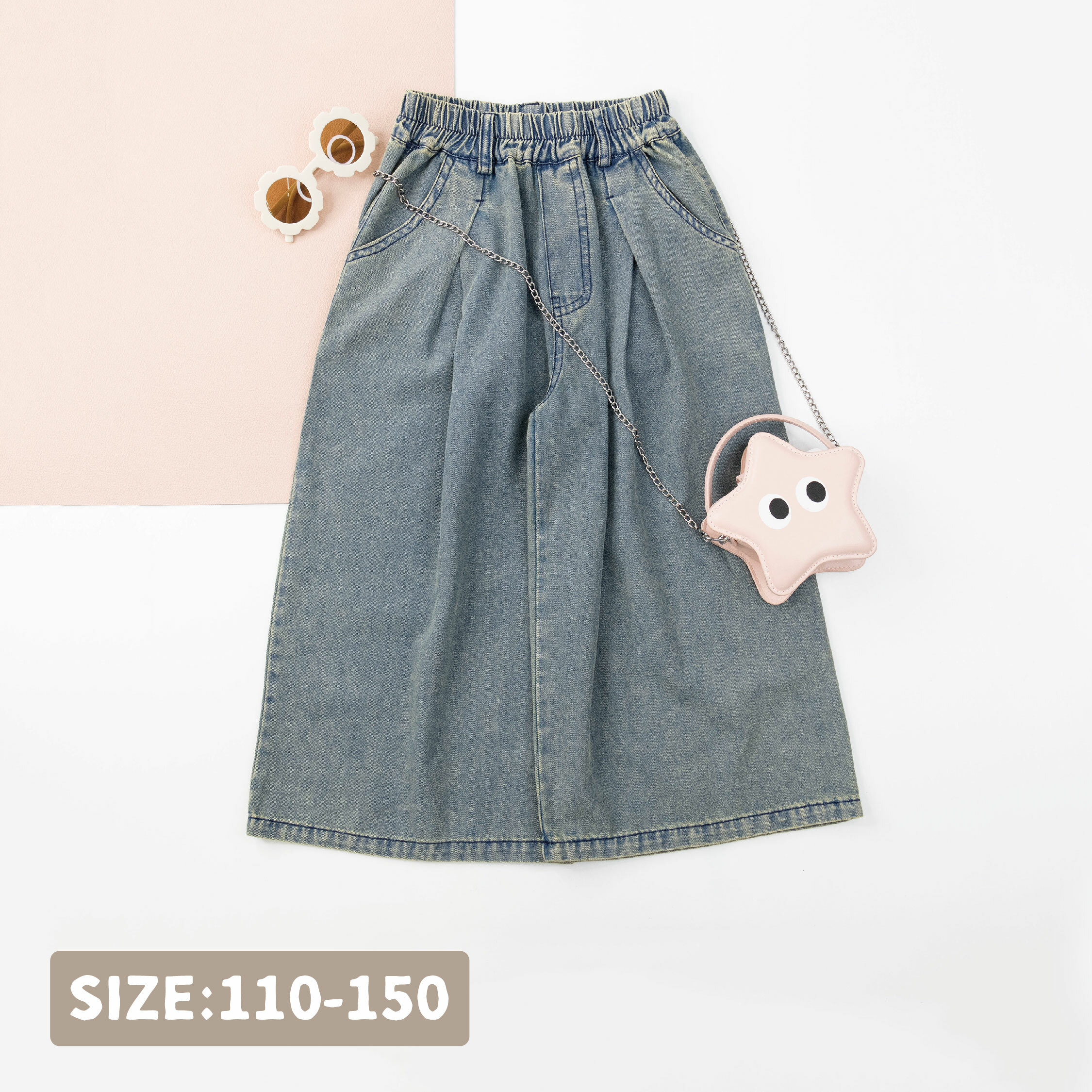 【H35764】復古刷色舒適牛仔長褲/寬褲