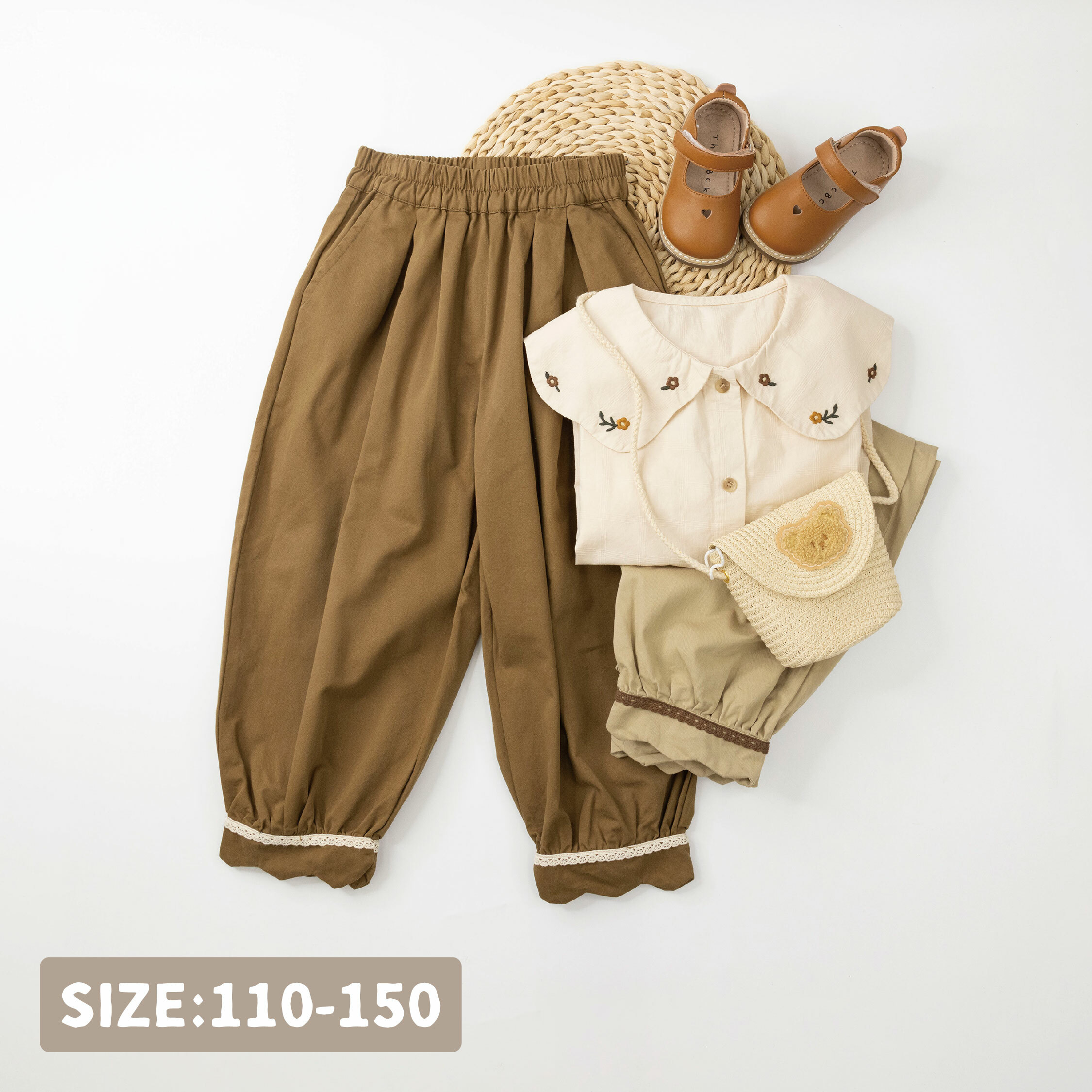 【H35767】氣質蕾絲花邊褲腳設計休閒褲＊二色