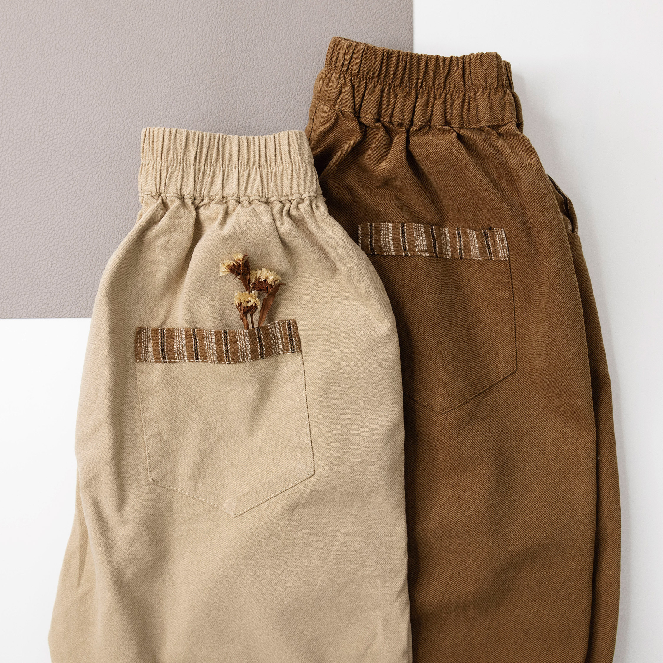 【H35765】質感大地色條紋拼接休閒褲＊二色