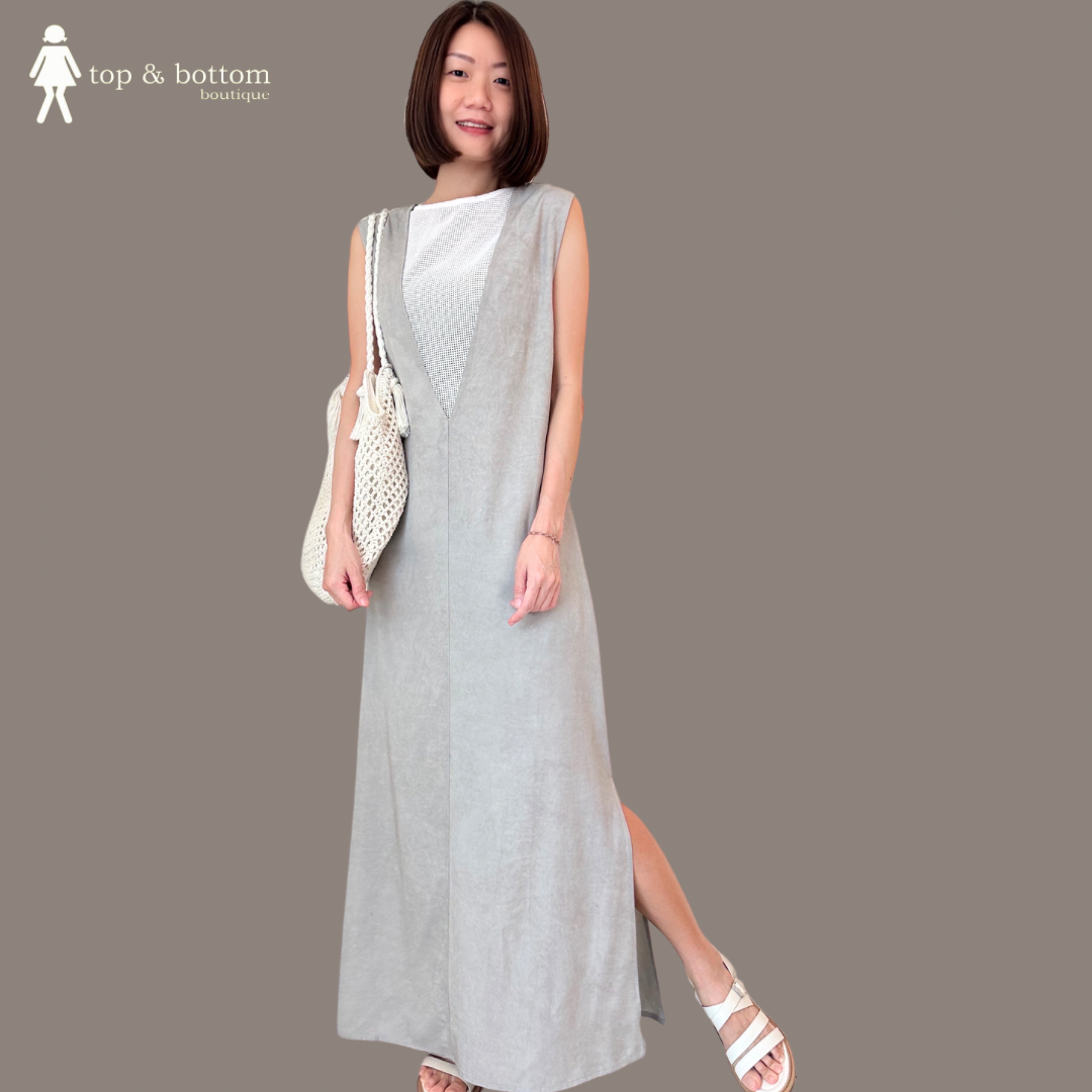 SLEEVELESS V NECK MIDI DRESS WITH MESH INNER