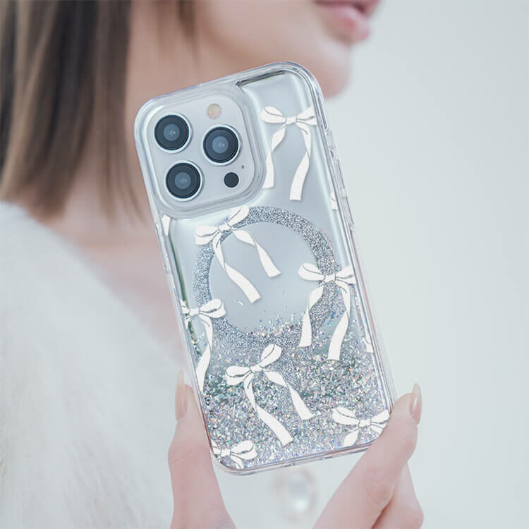 白色蝴蝶結緞帶 閃耀鏡面殼 (MagSafe磁吸) - iPhone防摔手機殼