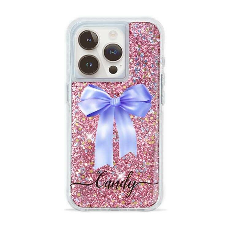 蝴蝶結緞帶(紫) 粉耀撞白殼 - (訂製名字) - iPhone 客製化手機殼