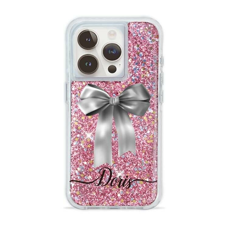 蝴蝶結緞帶(灰) 粉耀撞白殼 - (訂製名字) - iPhone 客製化手機殼