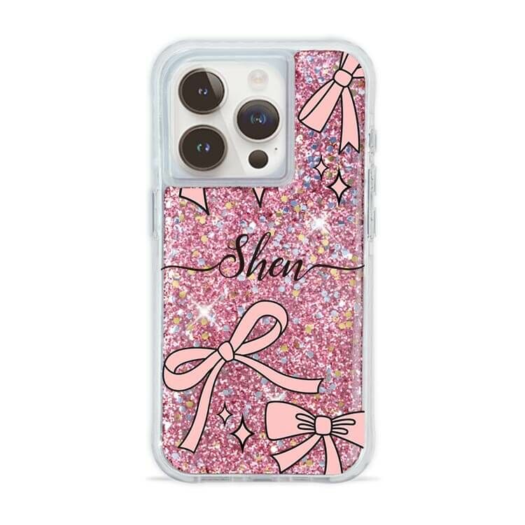 粉色優雅蝴蝶結 粉耀撞白殼 - (訂製名字) - iPhone 客製化手機殼