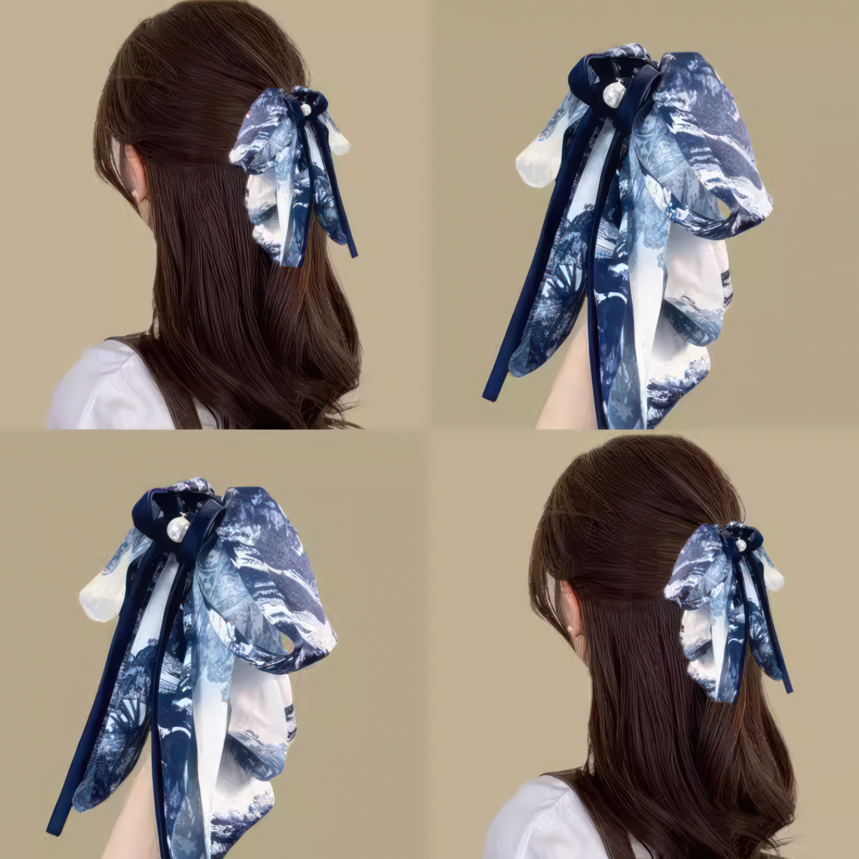 Blue&White Porcelain Ink Painting Multi-Layered Ribbon Hair Claw