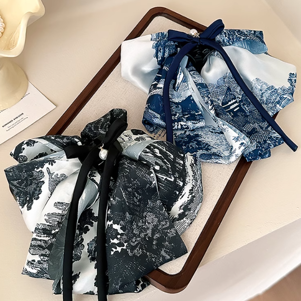 Blue&White Porcelain Ink Painting Multi-Layered Ribbon Hair Claw