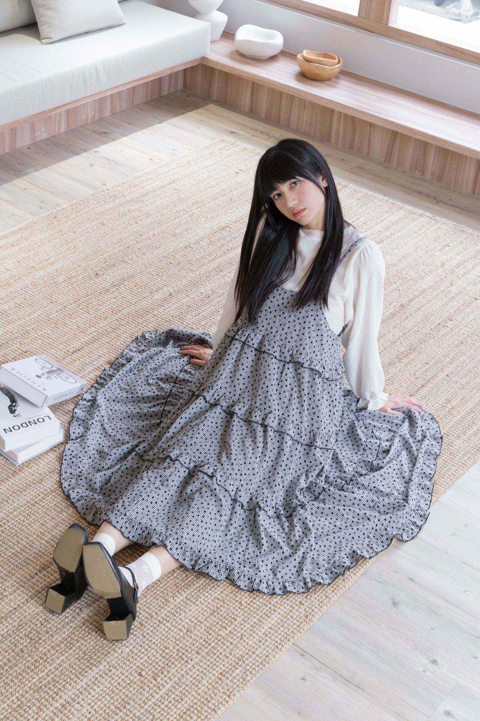 植絨心心x 格仔布吊帶連身裙 - 10216