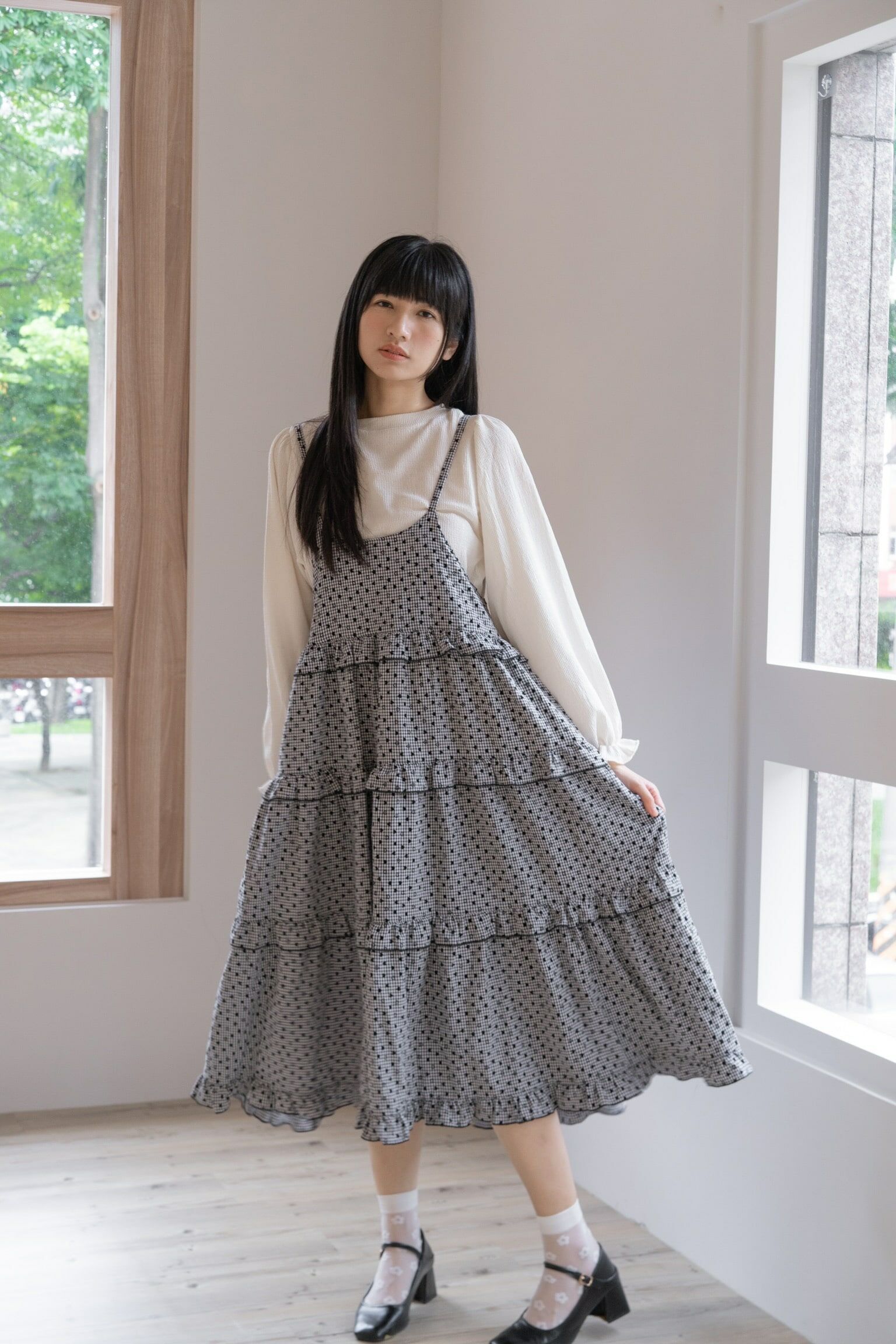 植絨心心x 格仔布吊帶連身裙 - 10216