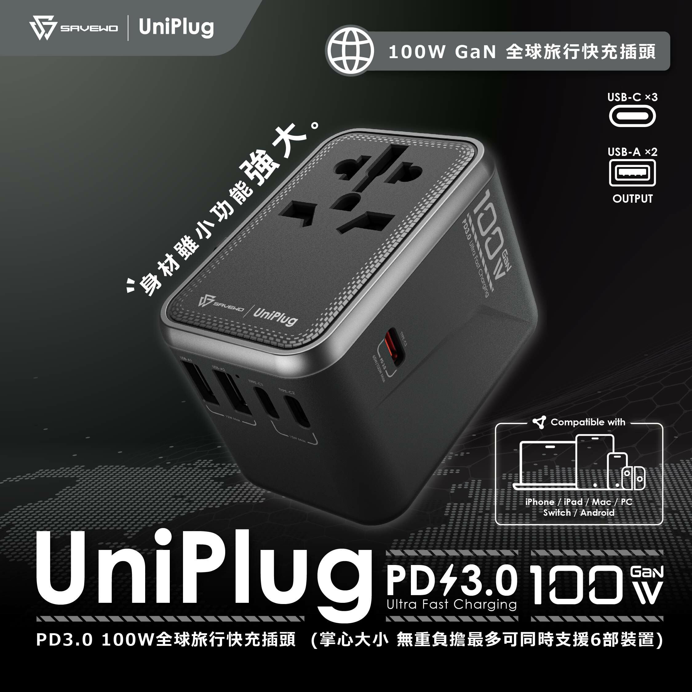 SAVEWO UniPlug UP100 PD3.0 [100W] 5 USB 全球旅行快充插頭