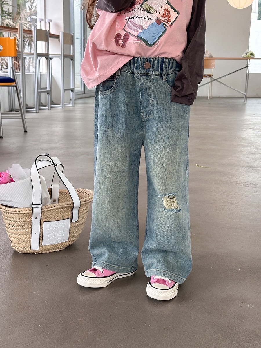 街頭風刷破直筒牛仔褲