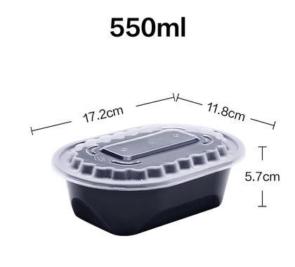 熱賣（300套裝）一次性橢圓形帶蓋外賣打包盒（黑色）（規格：550ml）（尺寸：17.2cm*11.8cm*5.7cm）