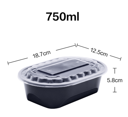 熱賣（200套裝）一次性橢圓形帶蓋外賣打包盒（黑色）（規格：750ml）（尺寸：18.7cm*12.5cm*5.8cm）